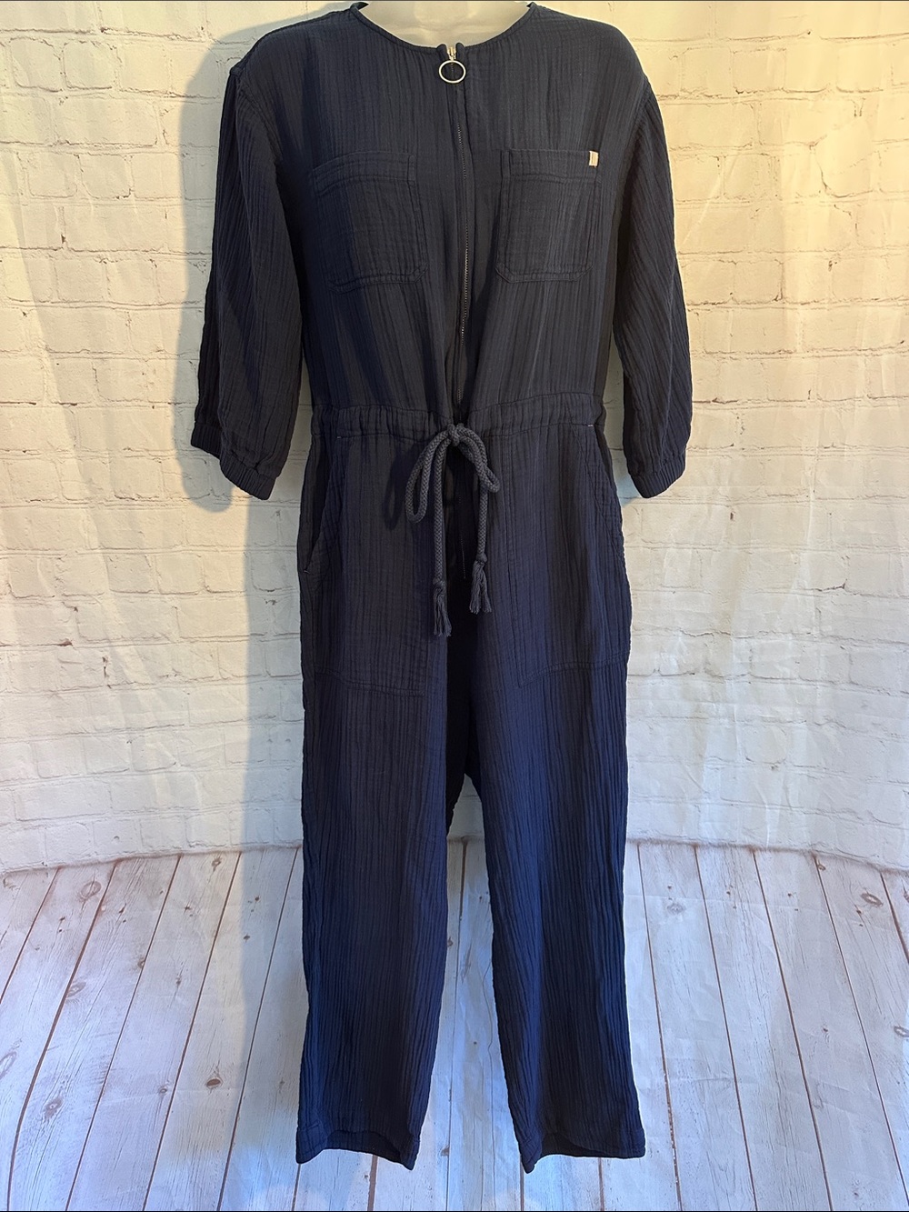 Sundry 3/4 Sleeve Tie-Waist Jumpsuit 100% Cotton Navy with Pockets Size 2 - Picture 2 of 9